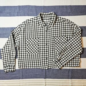 Ardene Cotton Flannel Cropped Plaid Shirt Jacket Black And White Large